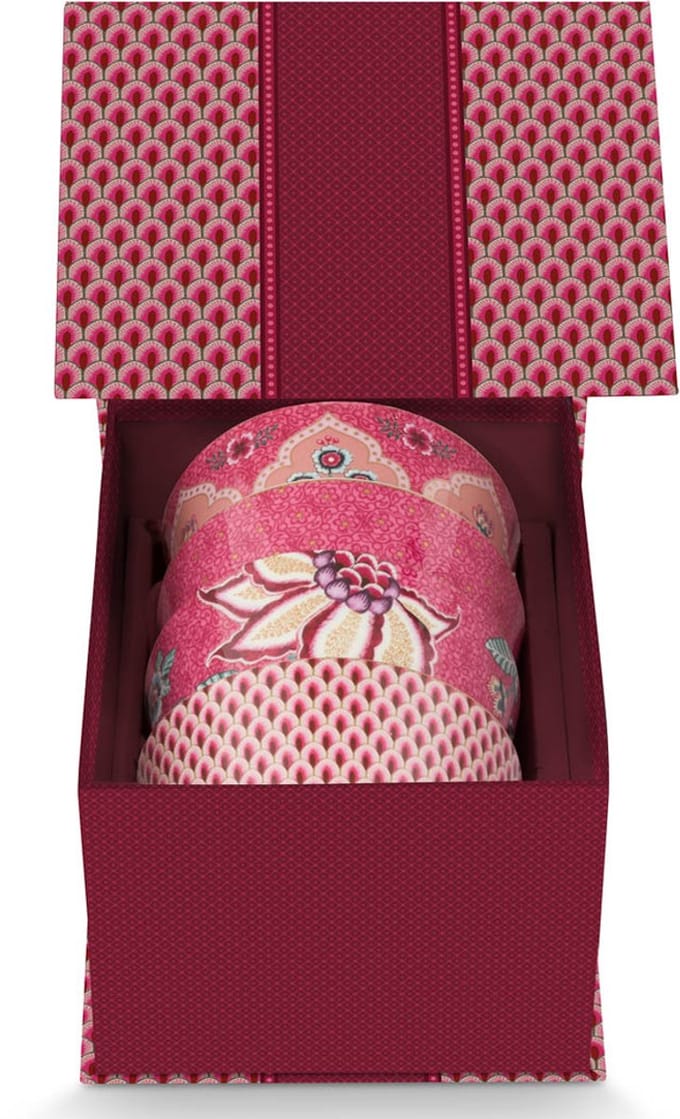 Pip Studio oriental flower dark pink cadeauset van 4 bowls 12cm assortie