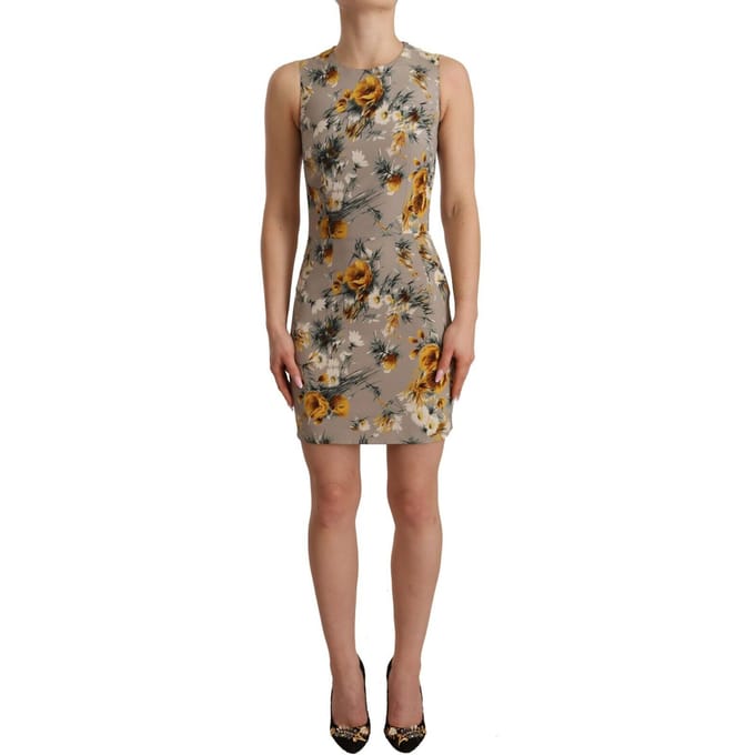Dolce & Gabbana Dames Grijze Zijde Stretch Bloemen Strakke Mini Jurk