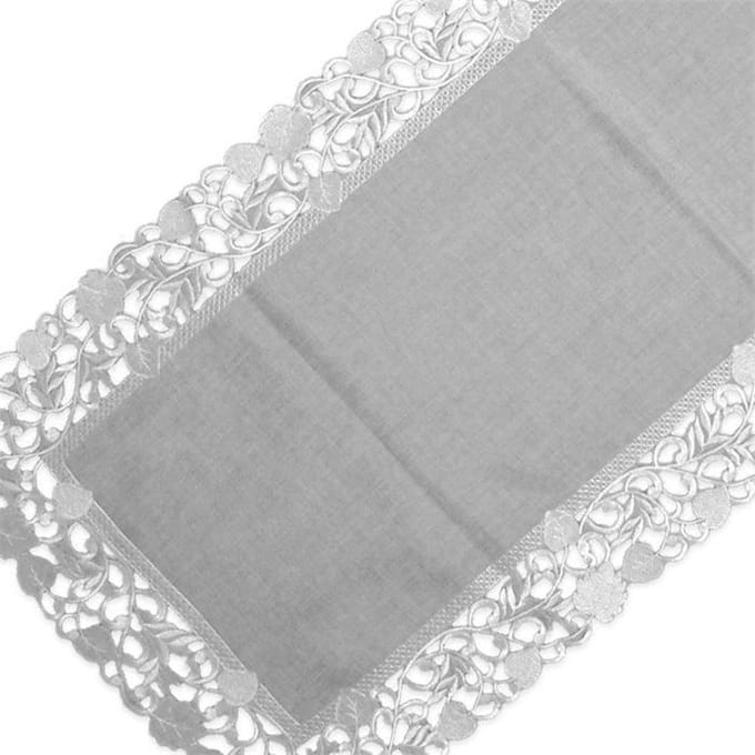 Tafelkleed Linnenlook licht Grijs met blaadjes - Loper 45 x 150 cm