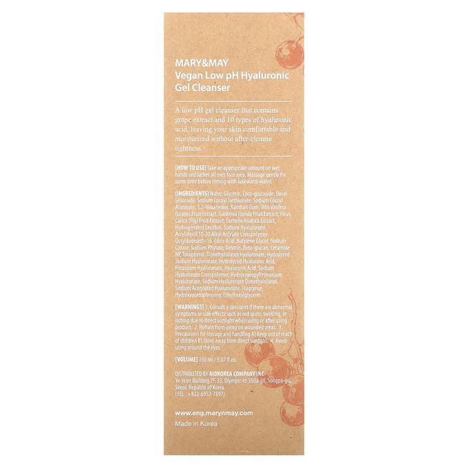 Mary & May, Nettoyant Hyaluronique Végétalien Doucement Acide, 5,07 fl oz (150 ml) white