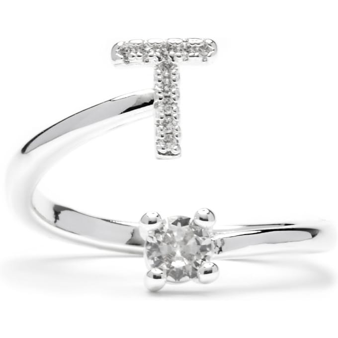 Bague - LUXENTER - Alphabet - Lettre T - Taille ajustable - Plaqué rhodium blanc