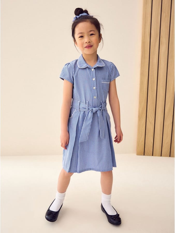 Next - Meisjes - Katoenrijke schooljurk met ceintuur en scrunchie - Blauw