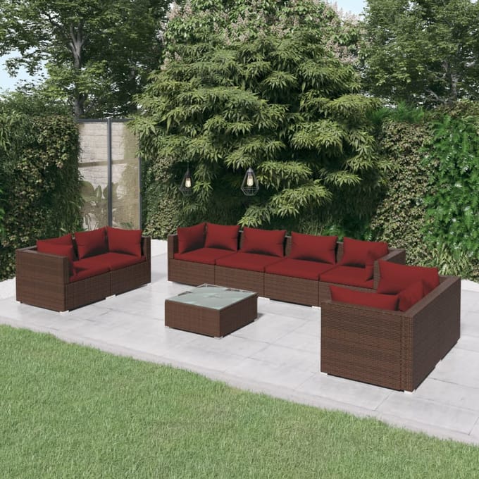 vidaXL - 9-delige - Loungeset - met - kussens - poly - rattan - bruin