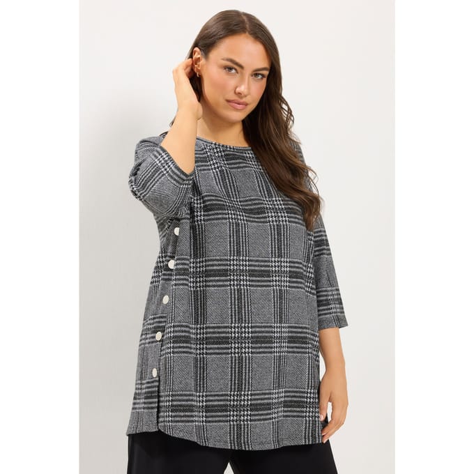 Yours Curve Grijs Geruit Topje Met Knoopjes Aan De Zijkant Size 48