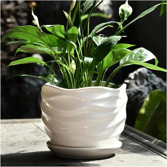 Keramiek Bloempot - Plant Pot - Planten Binnen - Met Golfpatroon - Middelgroot - Zuiver Wit