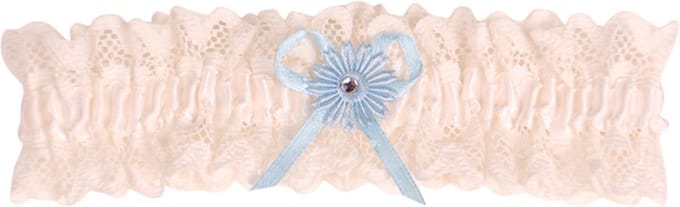 Kousenband ivoor kant met blauwe bloem en strass