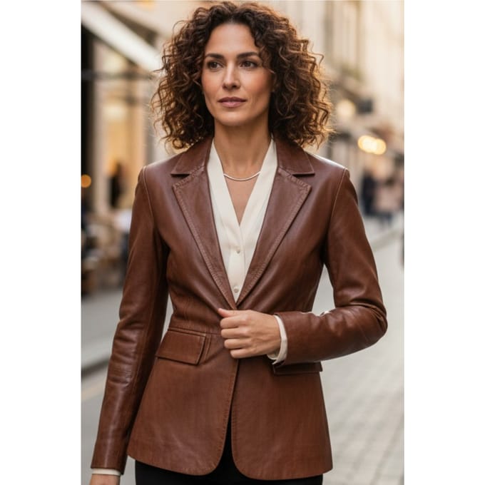 Dames beige Italiaanse leren blazerjas - Eclipse