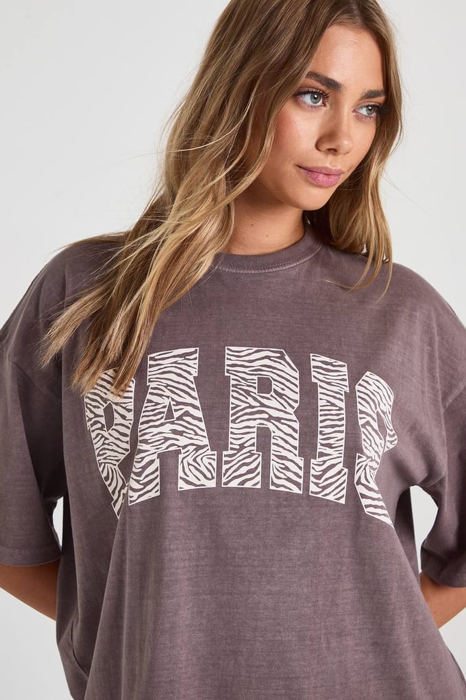 boohoo Dames Zebra Parijs bedrukte T-shirt | Chocoladebruin | Maat: XS