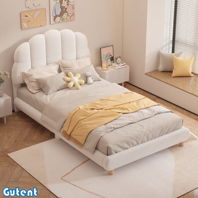 Gutent Kinderbed-90*200 cm-Plush Cute Hoofdbord-Wit-Geen Matras