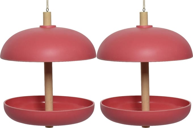 Decoris vogel voedersilo hangend - 2x - bamboe hout - roze - 21 x 25 cm