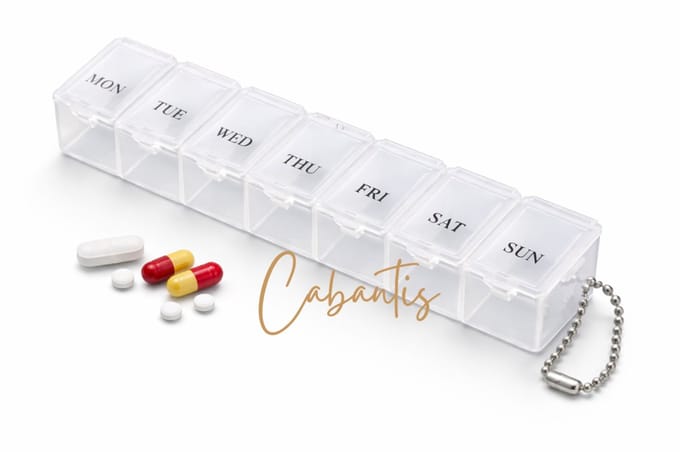 Cabantis® Week Pillendoos 7 Dagen – Compacte Pillen Organizer met Sleutelhanger – Dagelijkse Medicijndoos – 15 × 3 × 2,5 cm – Transparant Wit