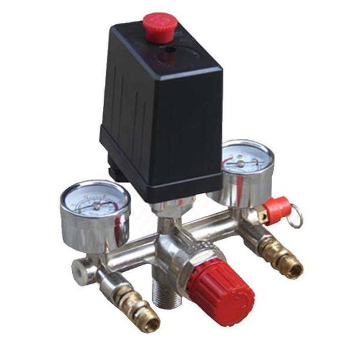 230V Drukschakelaar Luchtklep Inlaatspruitstuk Compressor Regelaar Meter Set Red & Gold & Black