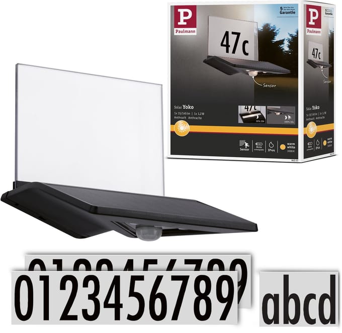 Paulmann 94243 Yoko Huisnummerlamp op zonne-energie met bewegingsmelder Energielabel: A (A - G) 1.2 W Warmwit Antraciet