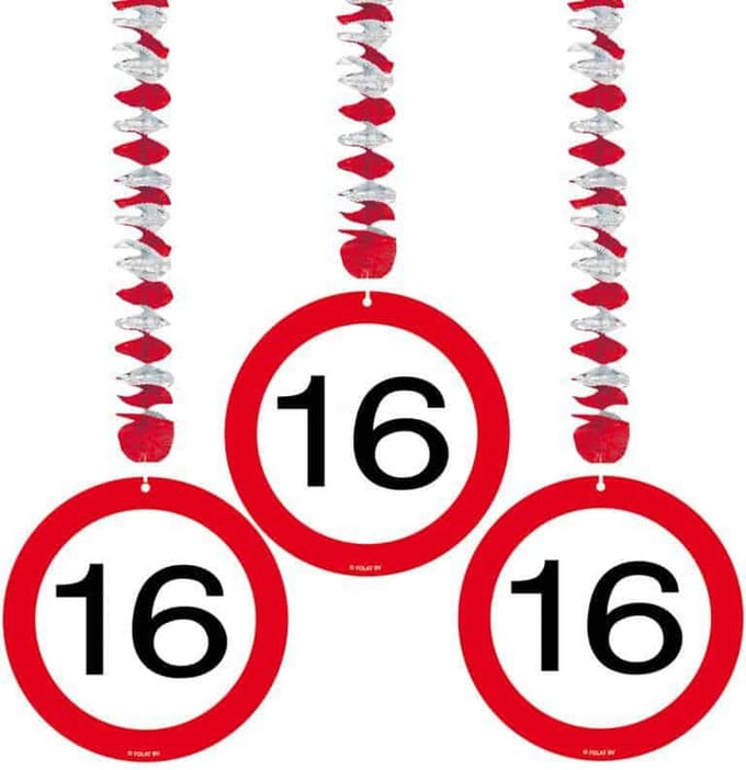 16 Jaar Verkeersbord Hangdecoratie - 3 stuks
