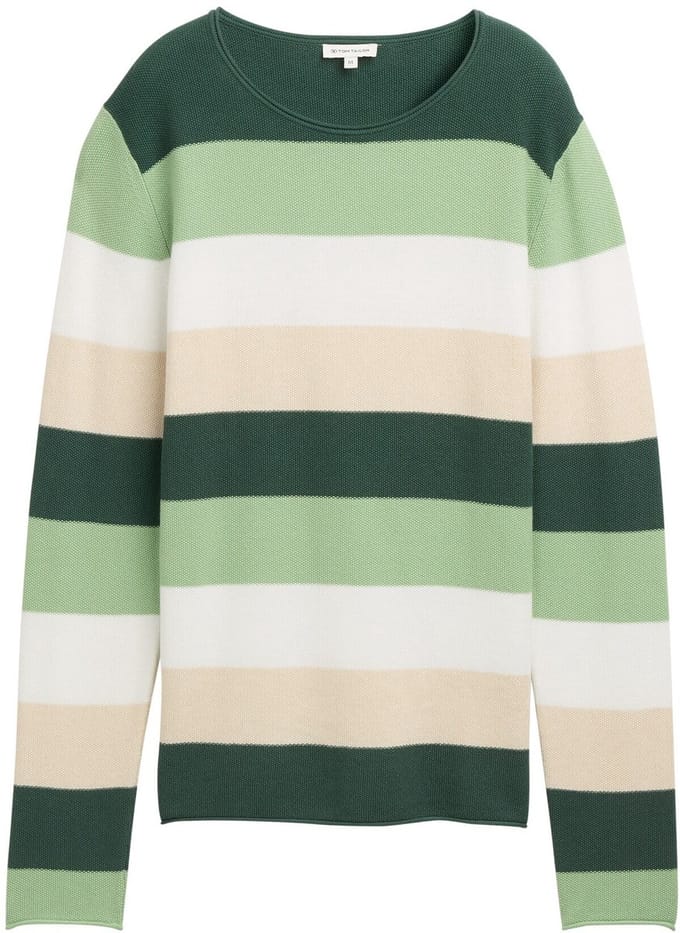 Tom Tailor - Gebreide trui met ronde hals - Maat L - green beige block stripe