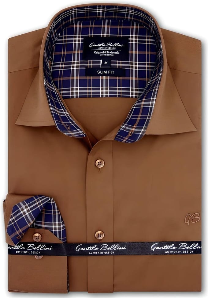 Heren Overhemd - Slim Fit - Ruiten Contrastbeleg - Bruin - Maat 3XL