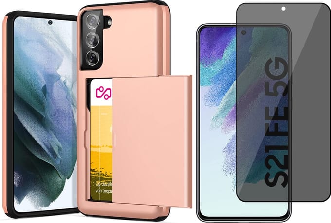 Hoesje met Pasjeshouder geschikt voor Samsung Galaxy S21 FE - Privacy Screen Protector FullGuard - Back Cover SlideCase Roségoud & Screenprotector