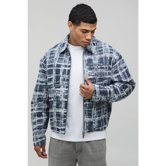Boxy Fit Getextureerde Jacquard Harrington Jas | Blue | Size XS