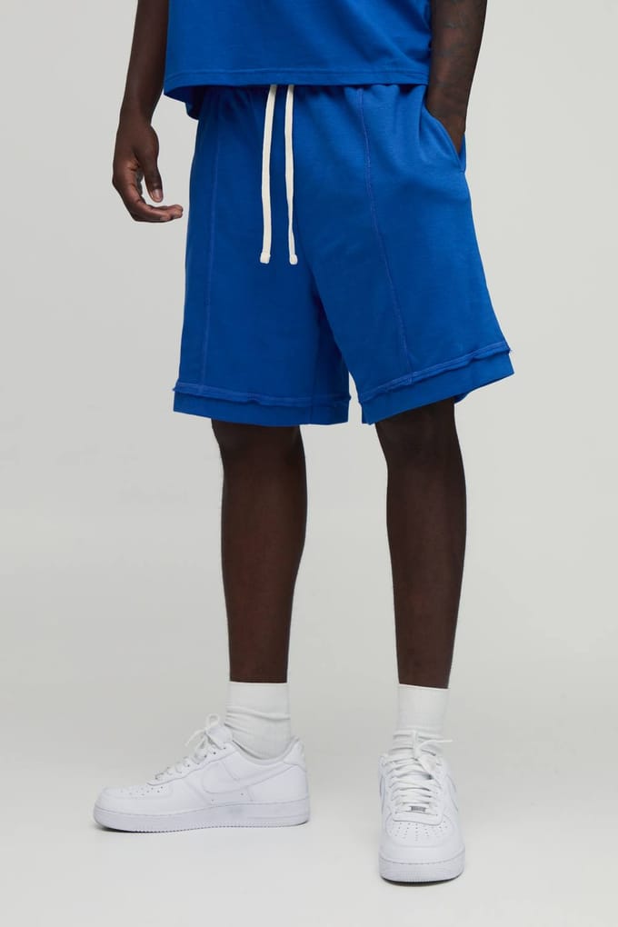 Baggy Drop Crotch Short met Zichtbare Naden en Loopback | Cobalt | Size Medium