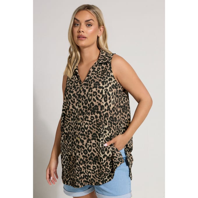 Yours Mouwloos Overhemd Met Luipaardprint Met Textuur In Bruin Size 42