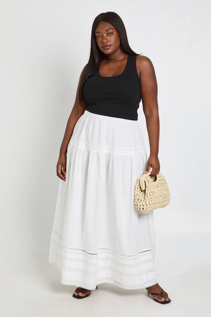 boohoo Dames Plus Katoenen Geborduurd Maxi Rok | Wit | Maat: 48