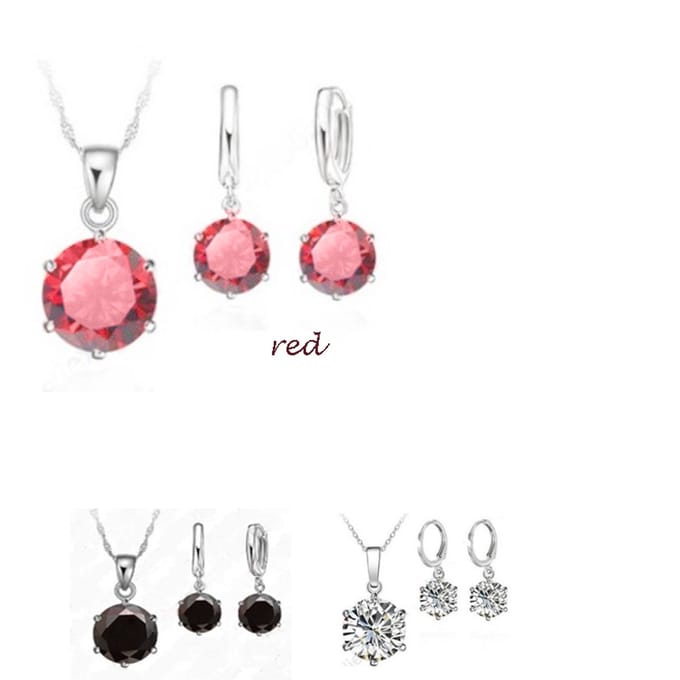 Set: Ketting en oorbellen -strass -rond- rood
