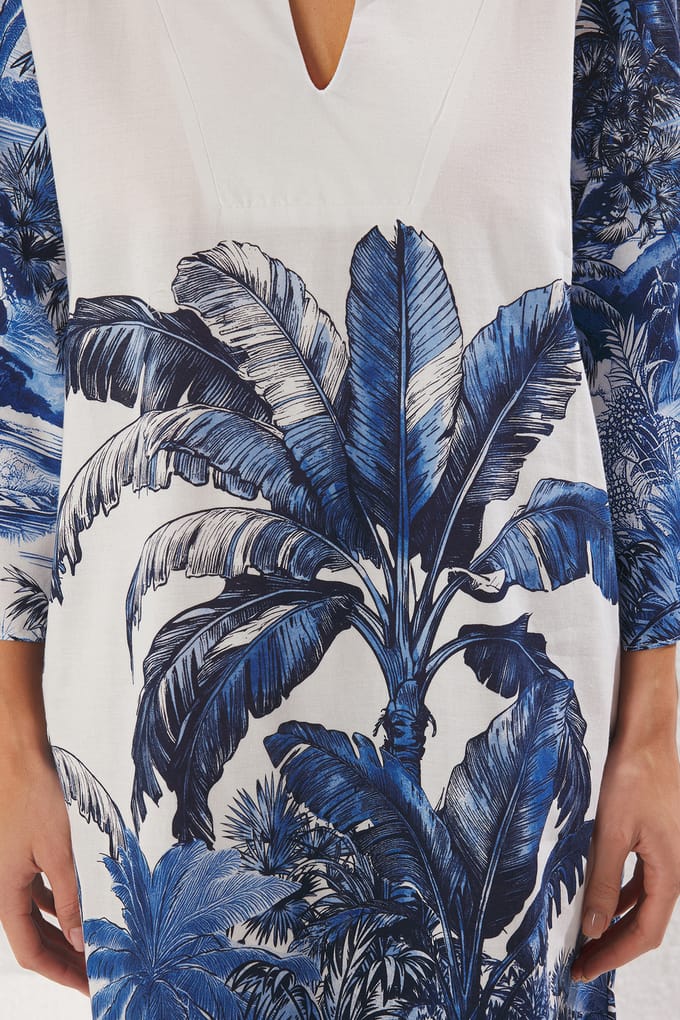 Damesjurk in zeer kleurrijke, bedrukte midi-lengte, oversized model, perfect voor op het strand.