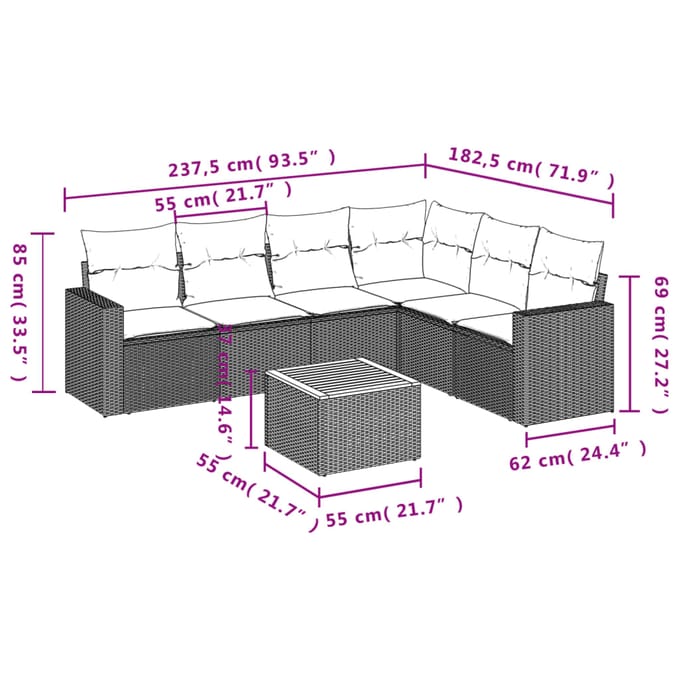 vidaXL - 7-delige - Loungeset - met - kussens - poly - rattan - zwart