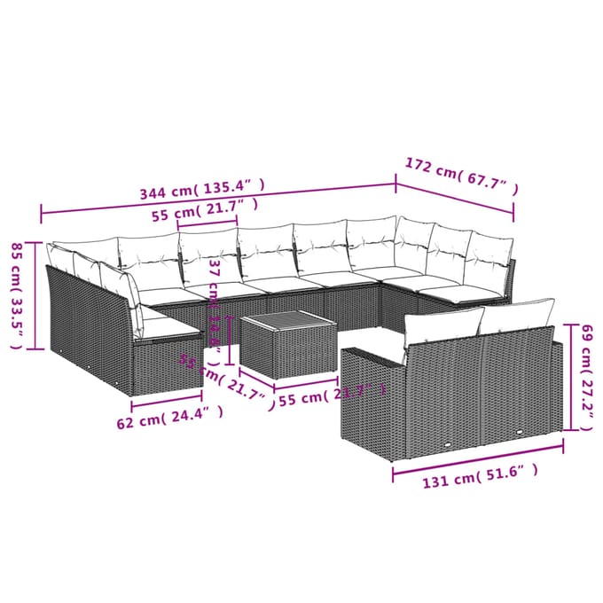 vidaXL - 13-delige - Loungeset - met - kussens - poly - rattan - beige
