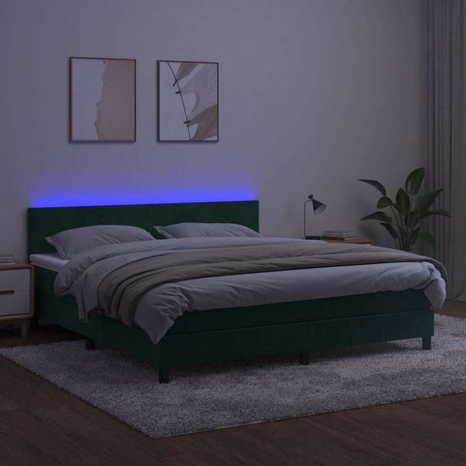 vidaXL - Boxspring - met - matras - en - LED - fluweel - donkergroen - 180x200 - cm