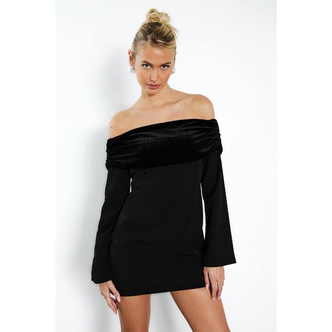 boohoo Dames Fluweel Overvouwbare Bardot Getailleerde Mini Jurk | Black | Maat: 16