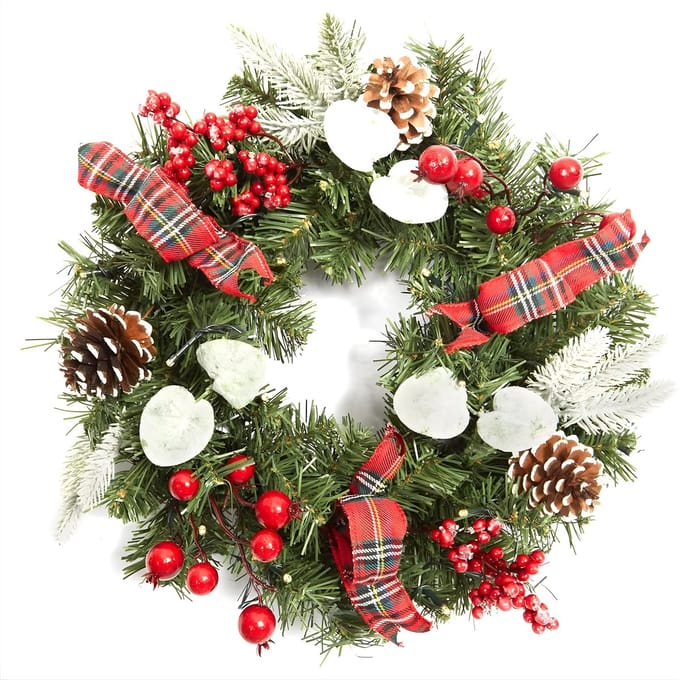 Kerstkrans met LED Verlichting - Kerstbessen & Dennenappels - Groen - 46 cm