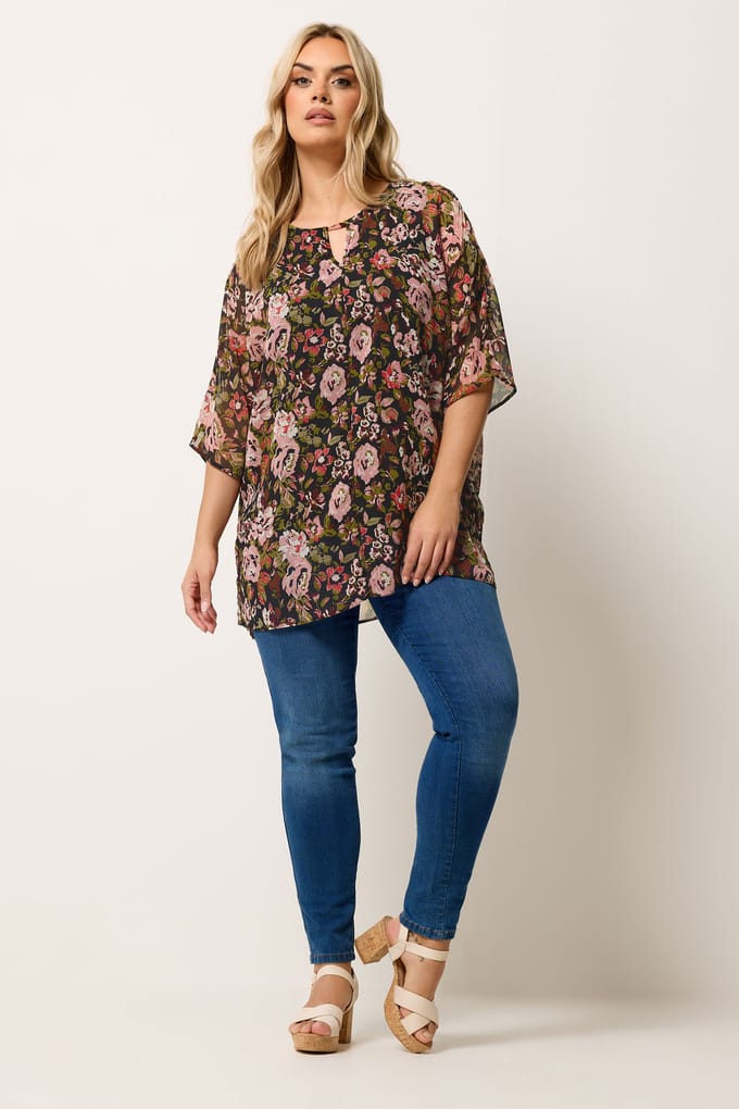 Yours Zwarte Bloemenprint Top Met Keyholedetail Size 46