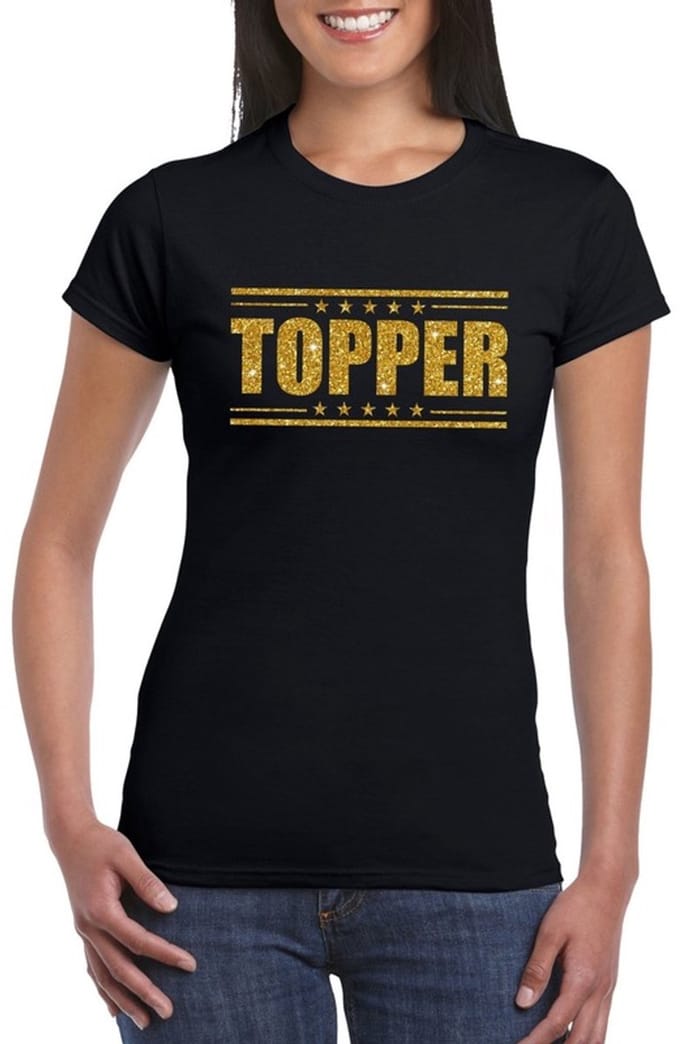Zwart Topper shirt in gouden glitter letters dames - Toppers dresscode kleding M