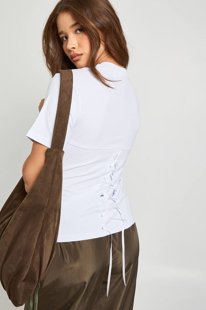 boohoo Dames Oversized T-shirt met veters aan de achterkant | White | Maat: 10