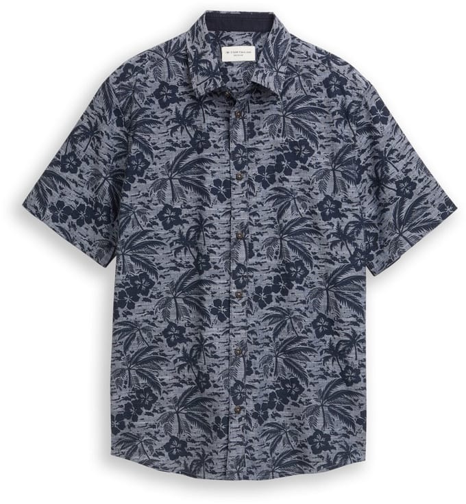 Tom Tailor - Regular fit overhemd met korte mouwen en patroon - Maat M - navy palm hibiscus design