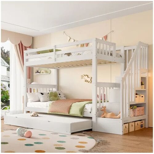 Merax Stapelbed 2 x 90 x 200 cm met uitschuifbed 90 x 190 cm - trapplank - MDF hout - Wit