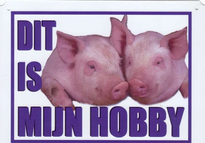 Bordje aluminium "dit is mijn hobby" met varkens 15x20cm