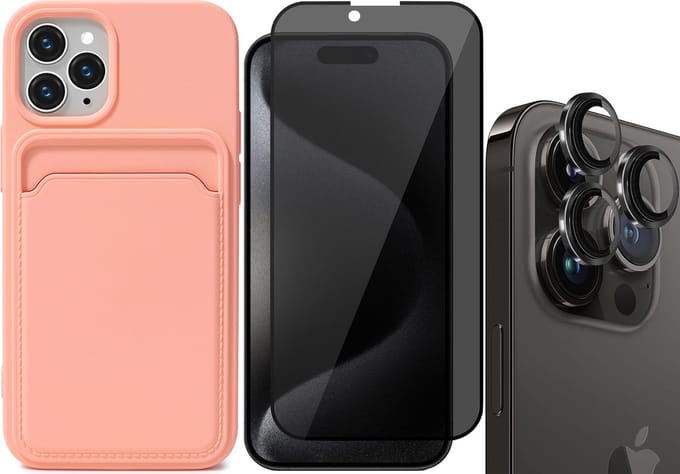 Hoesje Pasjeshouder geschikt voor iPhone 15 Pro Max - Privacy Screenprotector FullGuard + Camera Lens Screen Protector Zwart - Siliconen Case Back Cover Roze