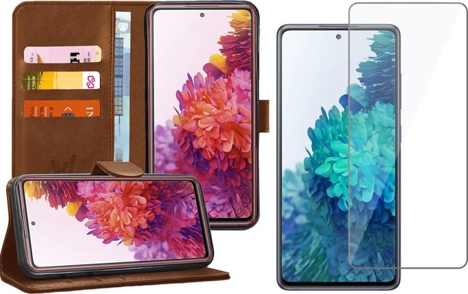 Hoesje geschikt voor Samsung Galaxy S20 FE - Screen Protector GlassGuard - Book Case Kunstleer Pasjeshouder Bruin & Screenprotector