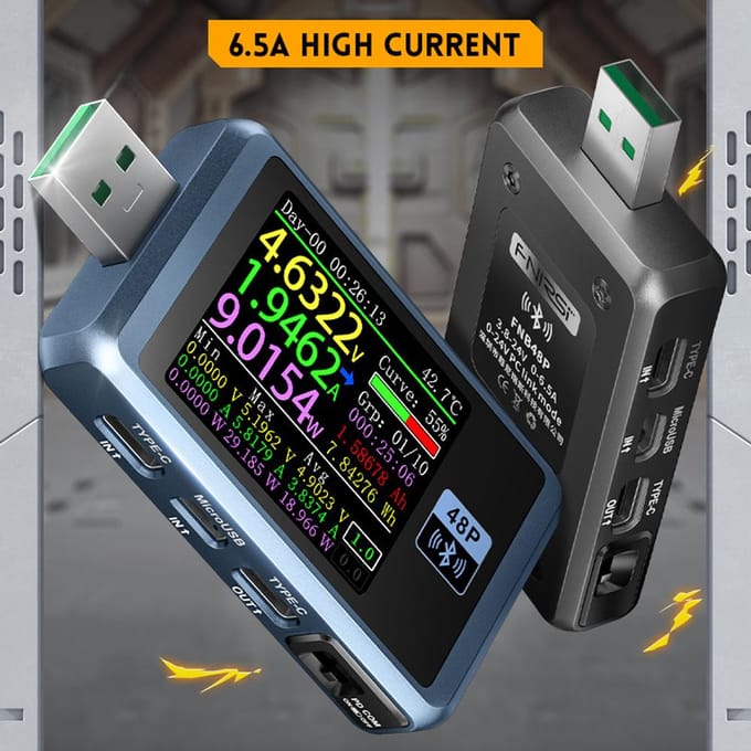 FNIRSI FNB48P 6-cijferige displaytester Multifunctionele voltmeter Ampèremeter USB TYPE-C oplaadapparaat BT version veelkleurig