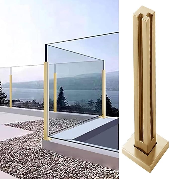 Glazen Balustrade Palen - Terraspalen Leuning - Veilig Terras - Vierkant Design - Set van 4 - Goudkleurig