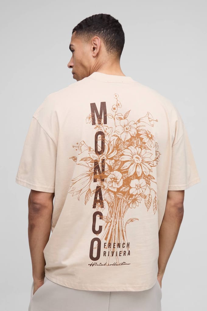 Oversized Extended Neck Monaco Floral Printed T-Shirt | Sand | Size Medium