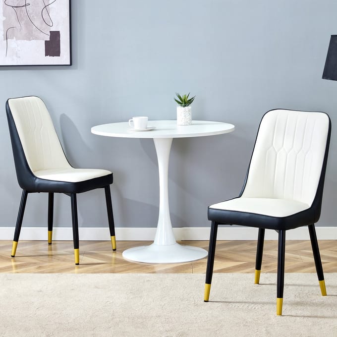 MODFU Eetkamerstoel set van 2, PU kunstleer zwart-wit, metalen poten, ergonomische rugleuning
