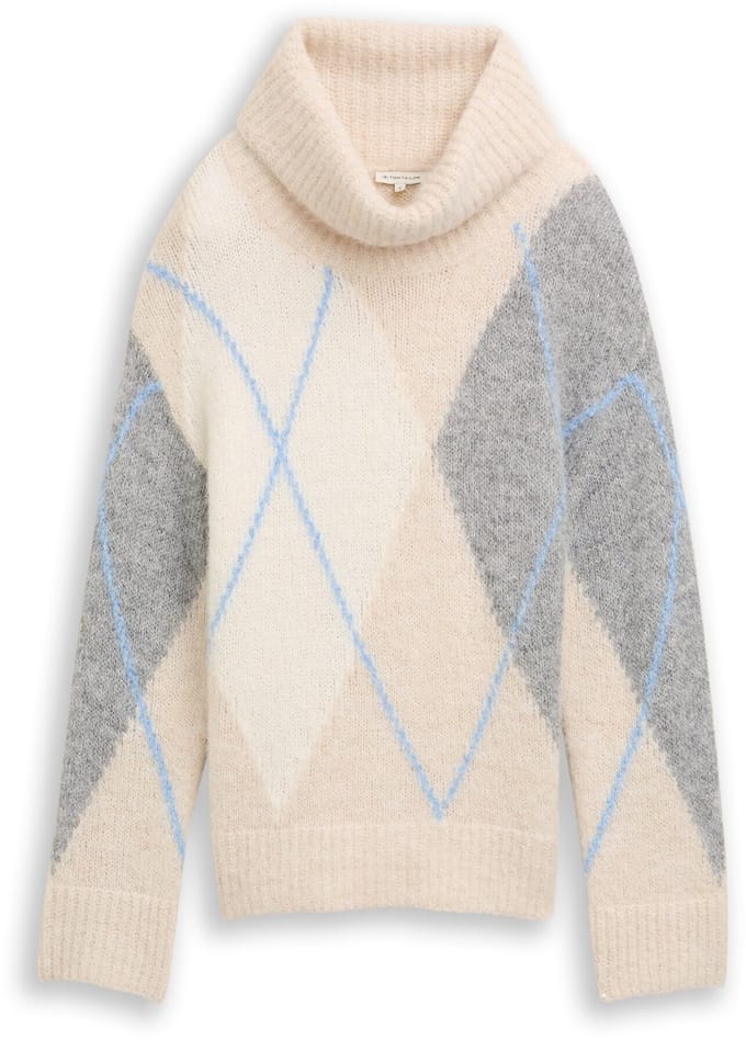 Tom Tailor - Oversized coltrui met wol - Maat S - beige grey argyle knit design