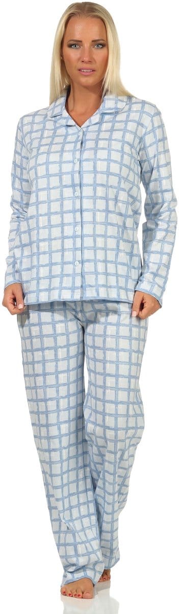 Dames jersey pyjama met doorknoop in ruitjesoptiek - ook verkrijgbaar in oversize