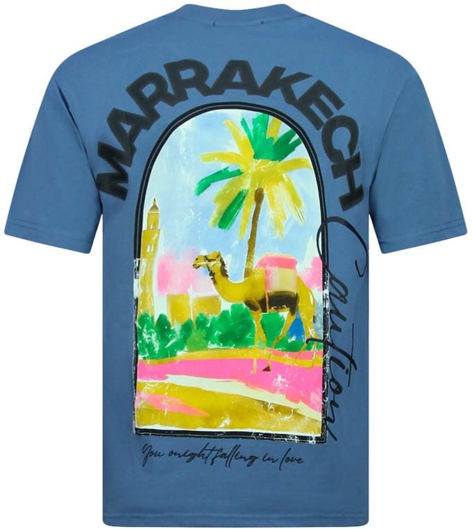Heren Tshirt met Opdruk - Oversized T shirt Heren - Marrakech T shirt Heren met Print -1858- Blauw