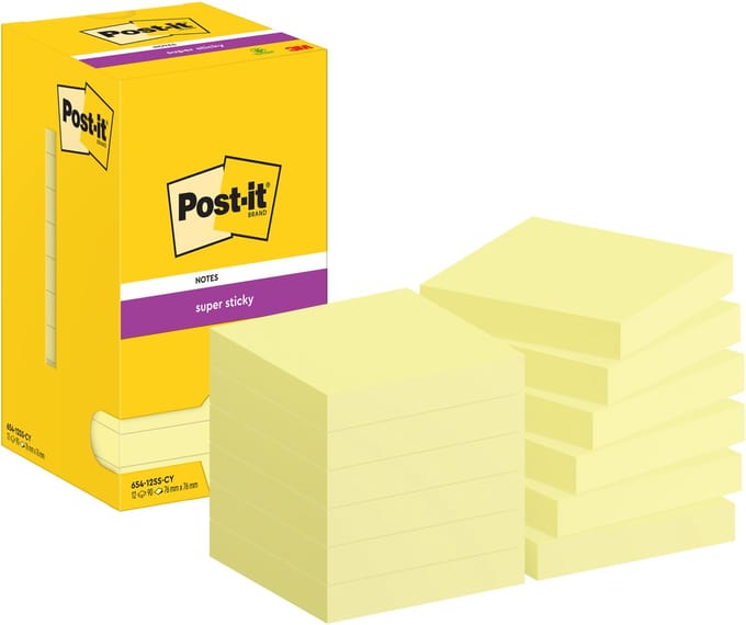 Memoblok post-it 654 super sticky 76x76mm geel | 12 stuks
