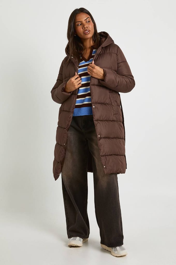 boohoo Dames Lange pufferjas met ceintuur | Chocolate | Maat: 8