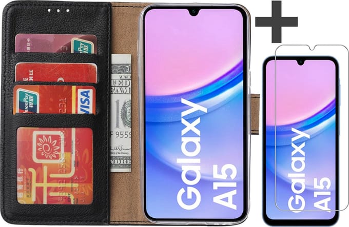 Hoesje met Screenprotector Geschikt voor Samsung Galaxy A15 – Arara bookcase met pasjeshouder - Zwart